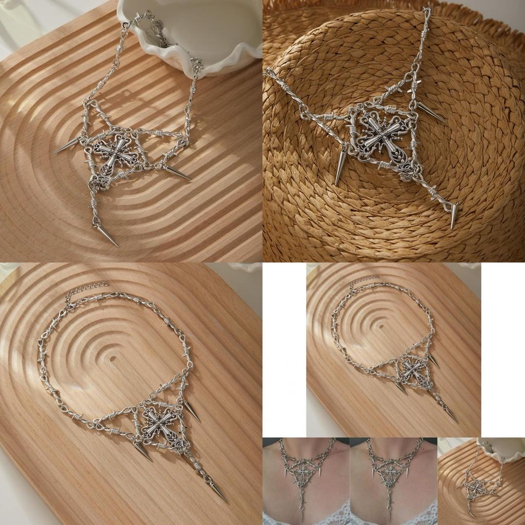 Unique Geometric Design Thorn Cross Pendant Necklace For Women Fashionable Casual Style