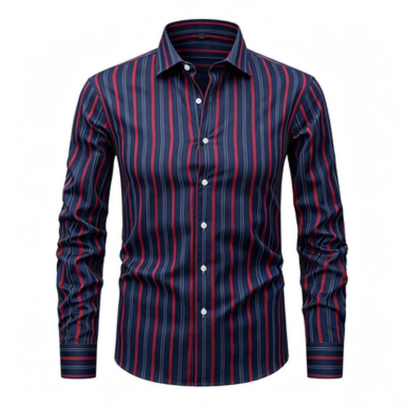 Men's Long Sleeved Shirt, Simple Men's Vertical Stripe Printed Long Sleeved Shirt, Vertical Line Lapel Shirt, European and Ameri