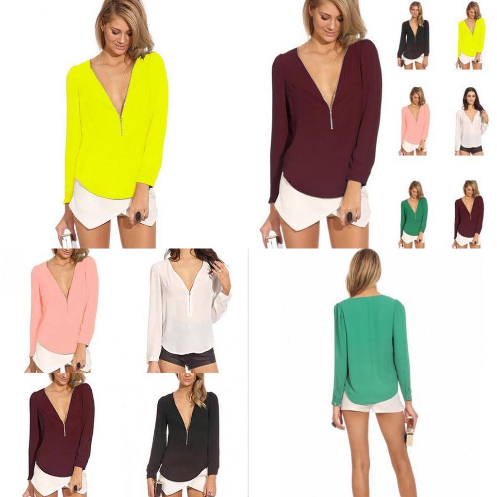 Elegant Women's Fashion Casual Autumn Blouse With V Neck And Long Sleeves Zipper Top