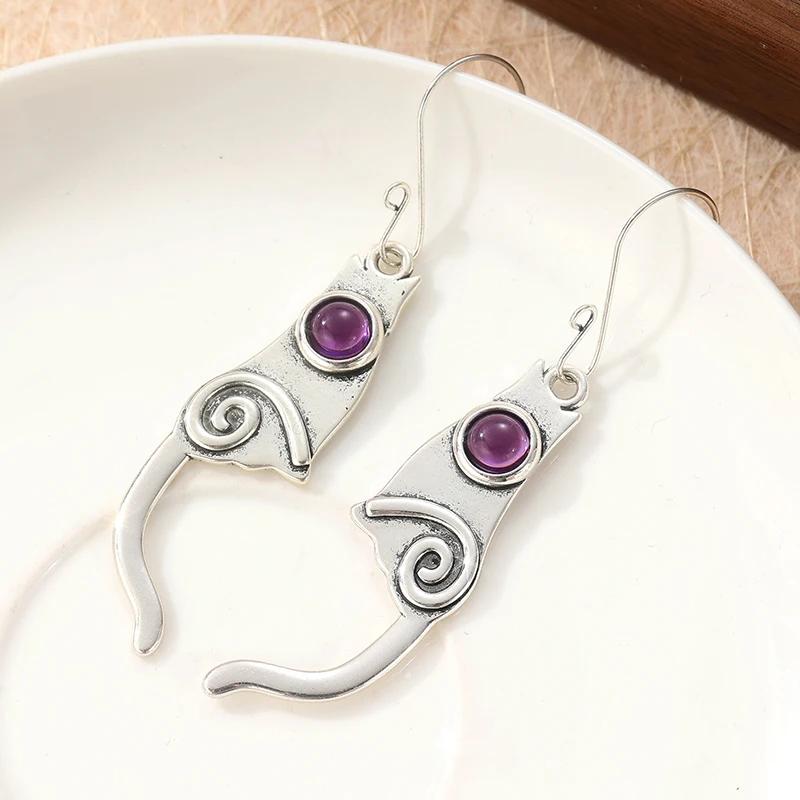 Винтажные Серьги-Подвески Ручной Работы в Форме Кошки с Инкрустацией Синтетическим Аметистом для Женщин Изысканные Праздничные Украшения Подвески Подарки PURPLE