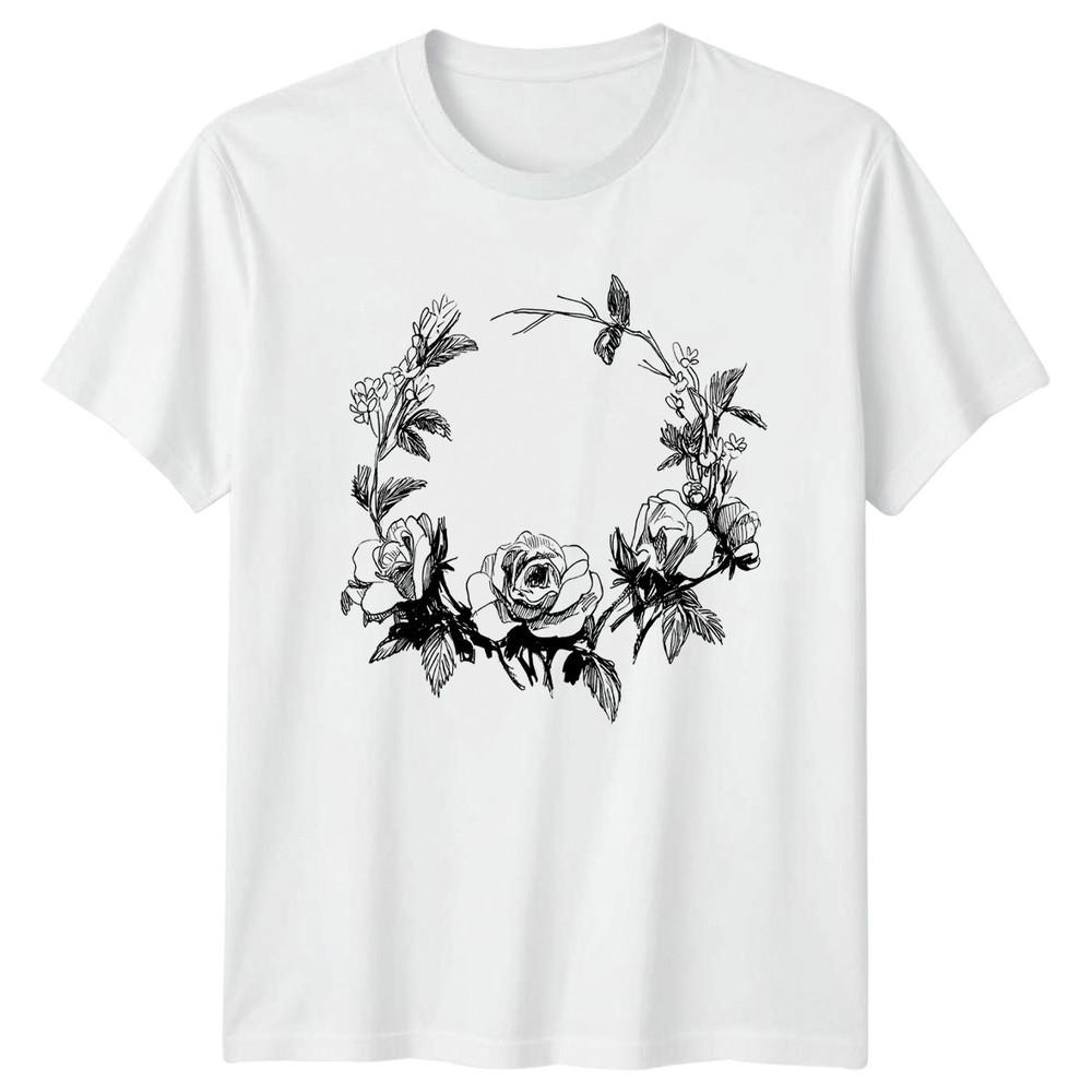 Floral Rose Wreath Black Sketch Unisexs TShirt Botanical Illustration Floral S