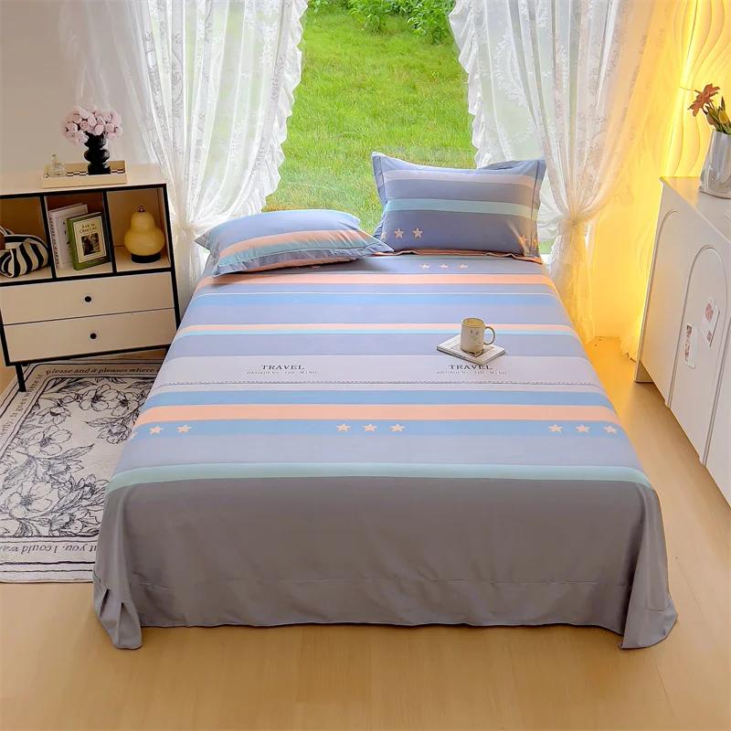 3Pcs Simple Geometric Plaid Bed Sheet Set 100% Cotton Skin-friendly Queen Size Bedding Set Thickened Flat Sheet with Pillowcases