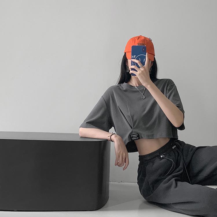 Harajuku მარტივი სოლიდური Crop Top ქალების ყოველდღიური მოკლემკლავიანი მაისური ზაფხულის სექსუალური თავისუფალი ახალგაზრდა გოგოს მოკლე მაისური კორეული ტანსაცმლის ტოპები