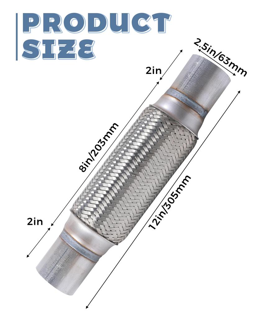 Uitlaat flexibele pijp 2,5 x 8 inch Heavy Duty Roestvrij Staal Demperbuis Vermindert Vibratiegeluid Universele Pasvorm voor Auto's Vrachtwagens SUV's
