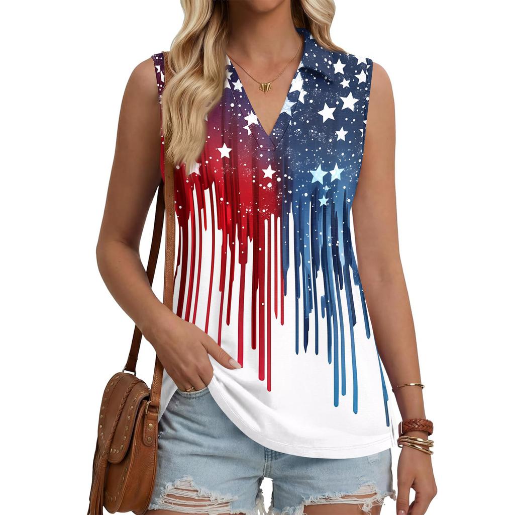 Women's Fashion Casual Button Sleeveless Independence Day Print V Neck Turn Down Collar Tank Top Summer Loose Fit Blouse