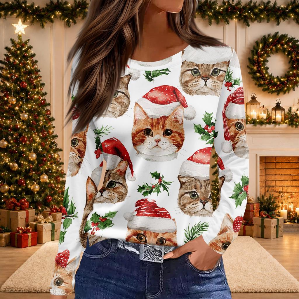 Women's Christmas Print Long Sleeve Top with Side Slit Hem and Round Neck for Holiday Parties