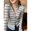 Women's Slim Fit Korean V-Neck Striped Knit Cardigan – Early Autumn Retro Style Sweater