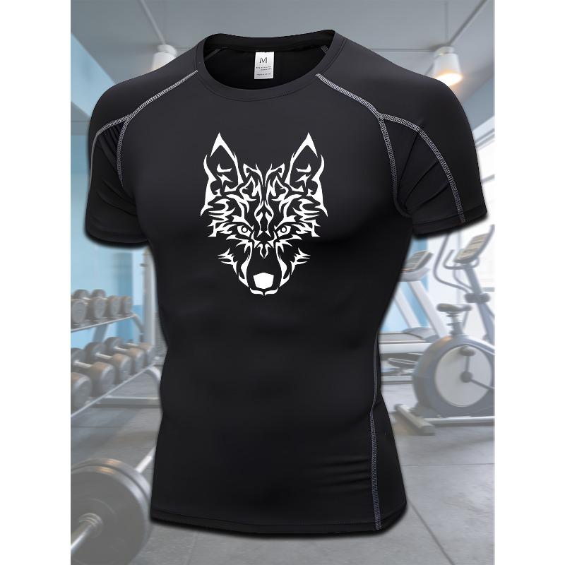 Men's Compression Shirt Quick Dry Black Gym T-Shirt White Tribal Wolf Head Print Workout Sportswear