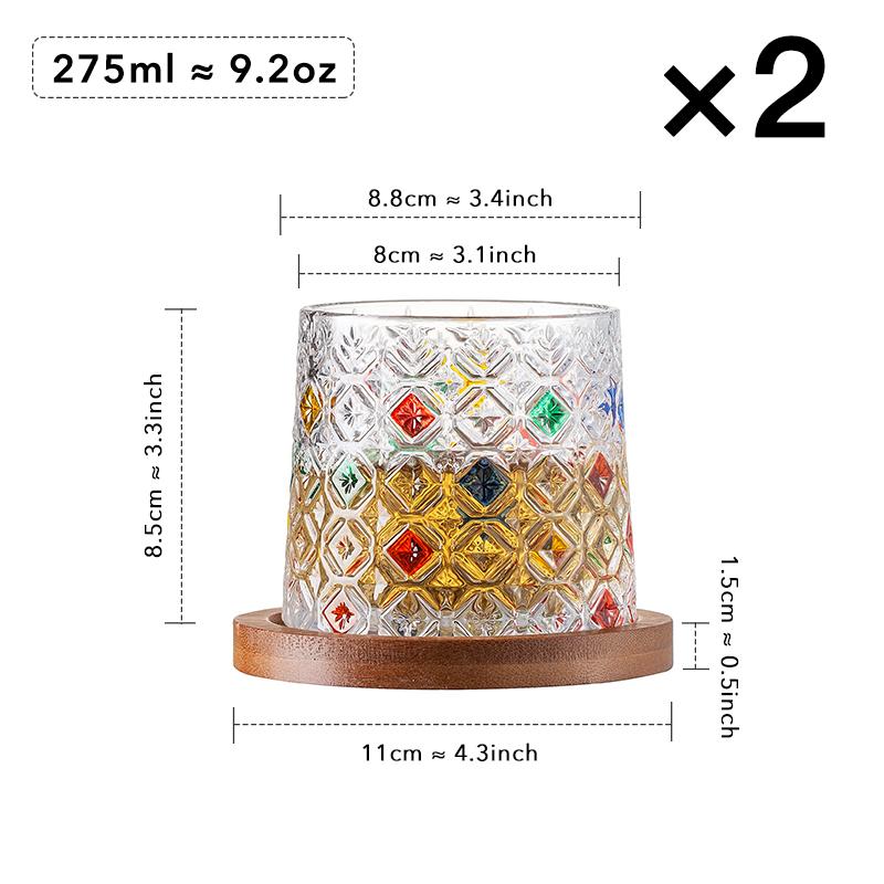 275ml Hand-Painted Spinning Whisky Glass with Gyro Base & Wood Rotating Coaster - Stress Relief Gift for Cocktail, Coffee, Tea,