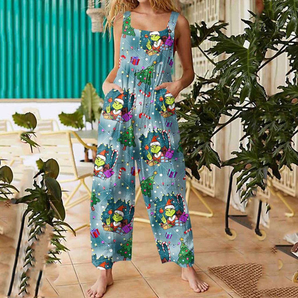 Damen Lässige Overalls Jumpsuits Verstellbare Träger Ärmellos Weihnachtsprint Bequeme Einteiler Mit Tasche