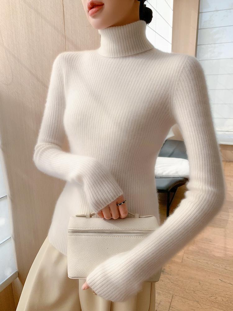 Women's Seamless Cashmere High-Neck Ribbed Sweater, Slim Fit, Body-Shaping, Slouchy Neck, Knit.