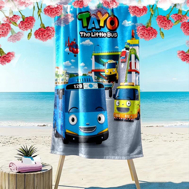 Serviette de Plage Imprimée Tayo le Petit Bus, Grande Serviette Douce à Séchage Rapide pour Plage Camping Natation