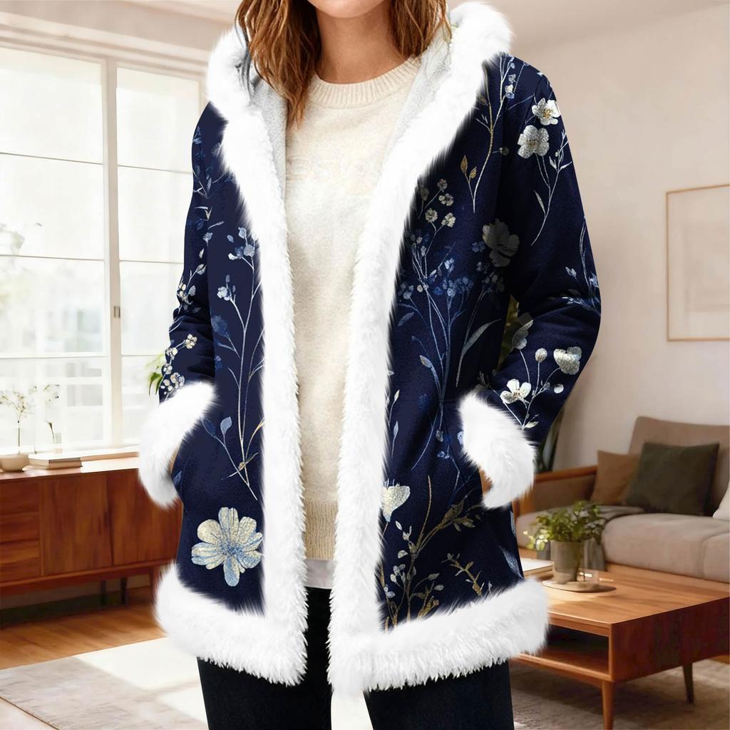 Women's Casual Fleece Hooded Cardigan With Pockets Warm Outerwear