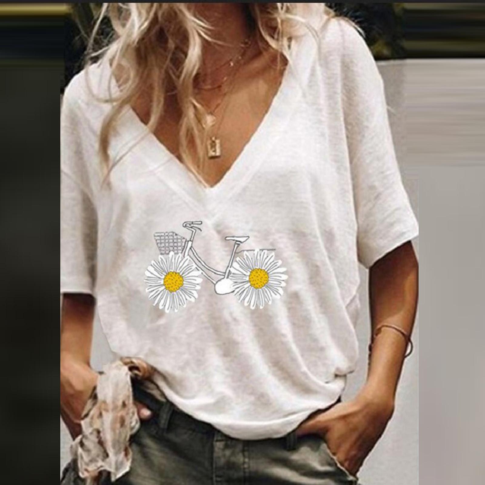 

Модная женская блузка с коротким рукавом с v-образным вырезом и принтом, легкие топы M белый