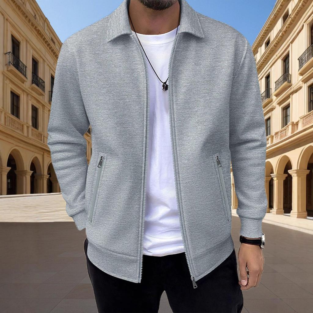 2025 Herren Frühling und Herbst Reißverschlusstasche Revers Einfarbig Lässige Slim Strickjacke Herrenjacke Mantel