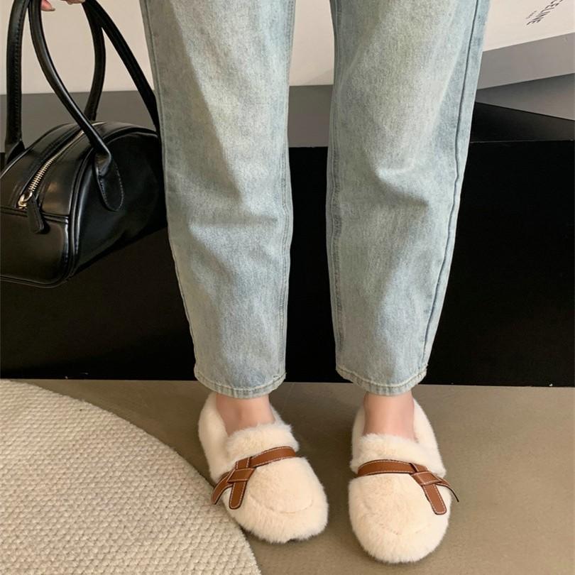 Soft-soled plush round-headed fluffy shoes for women's autumn and winter new models, wear gentle Internet celebrities, pedal Doudou shoes, keep warm