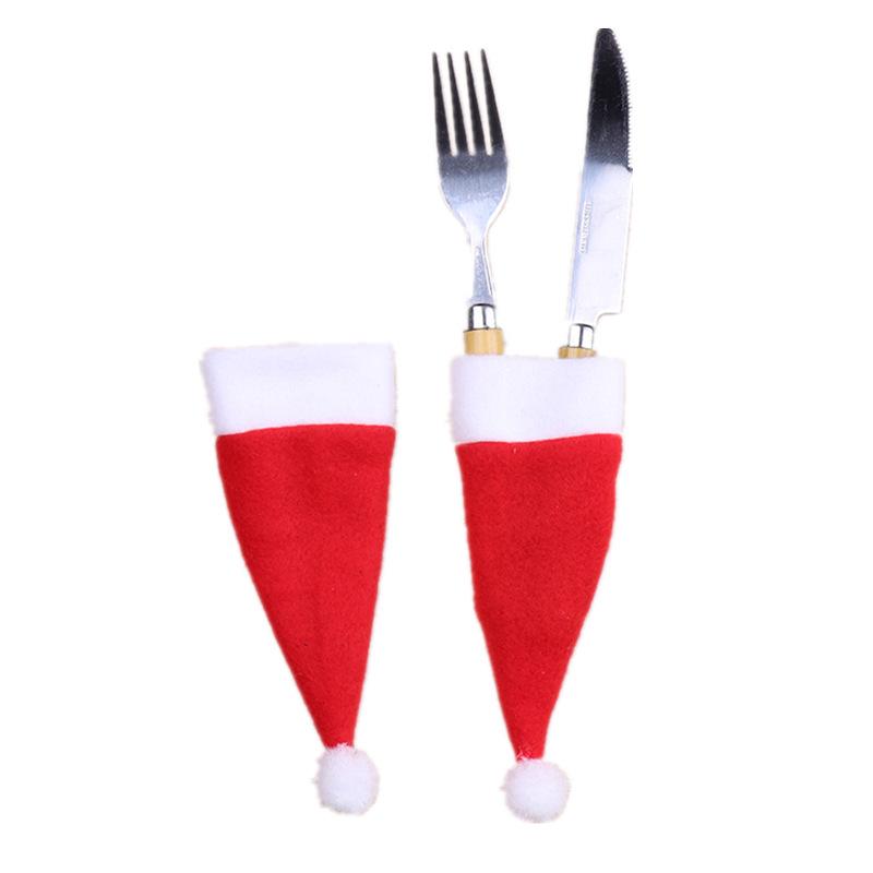Mini Christmas Hat Wine Bottle and Cutlery Cover - Festive Brushed Cloth Decorations