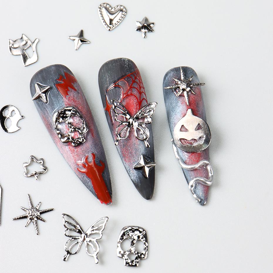 Xiaomi 12 Grids Silver Metal Halloween Nail Art Decorations Y2K Gothic Spooky Cat Skull Coffin Butterfly Star Heart Manicure Nail Decor