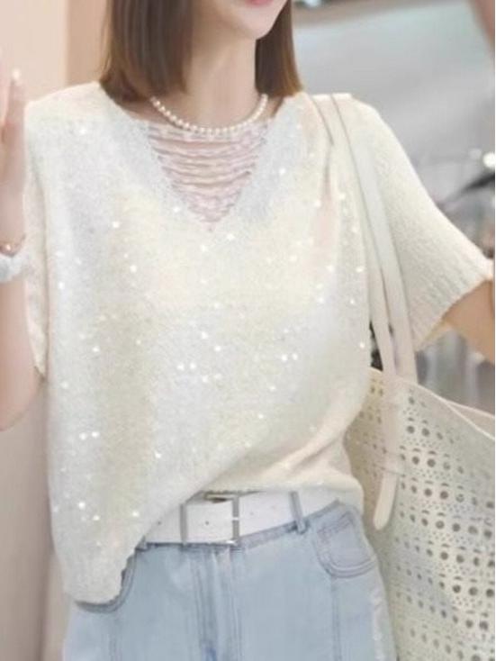 Plus Size 2025 Sequin V-Neck Knit Top - Loose Fit, Short Sleeve, Stylish Hollow Design