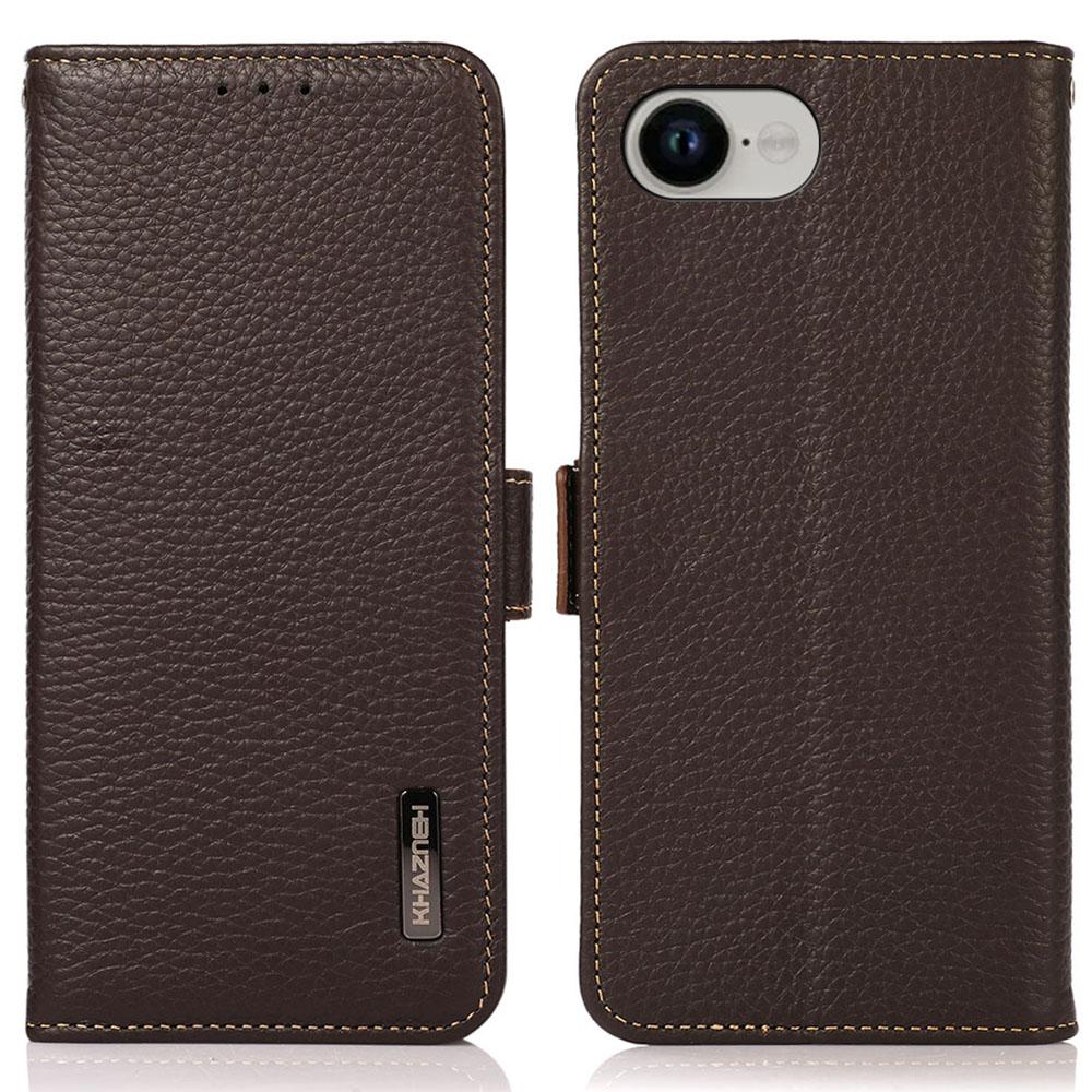 

KHAZNEH For iPhone 16e Phone Case Genuine Cow Leather Cover RFID Blocking Brown
