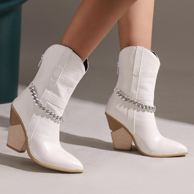 Fashion Western Cowboy Boots For Women Sexy Chain Ankle Boots For Women Wedges Heels Black Yellow White Autumn Winter Shoes Large Size