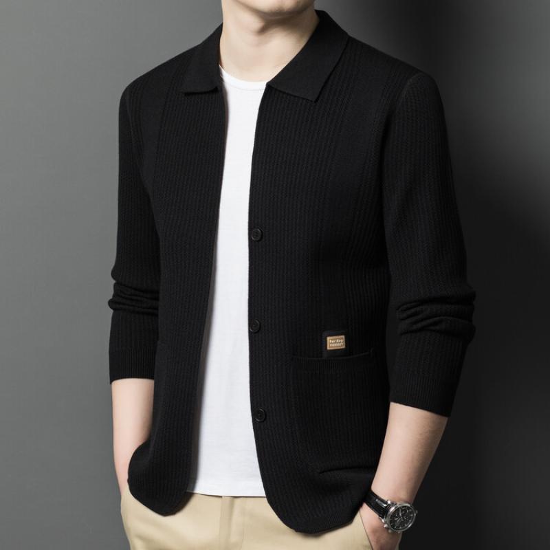Spring Autumn Men's Knitted Cardigan Solid Color Turn Down Collar Business Casual Knit Jackets