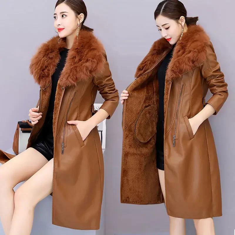 Large Fur Collar Winter Leather Jacket Women Plush Thickened Mid Length Korean Slimming Waist Closing Leather Jacket