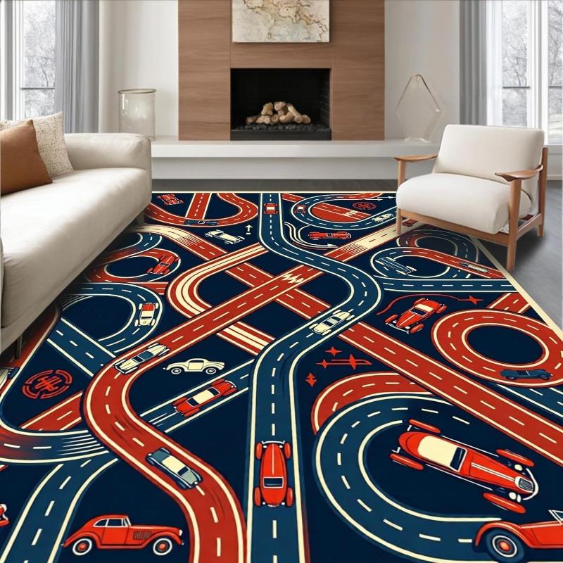Kids Fun Traffic Road Map Area Rug Cartoon City Intersection Cars Traffic Lights Play Mat Non-Slip Floor Carpet for Playroom