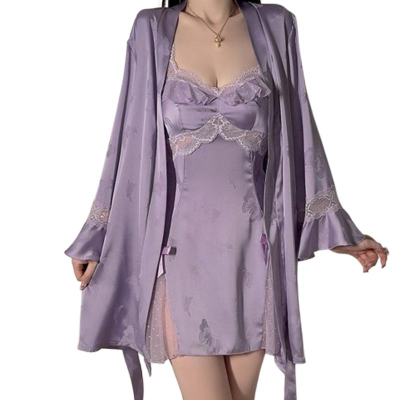 Women's Satin Jacquard Mesh Sheer Push Up Padded Deep V Backless Sleep Dress with Robe Set