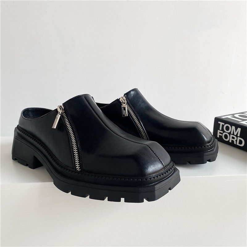 2025 Summer New Shoes Mens Leather Mules Female Casual Muller Shoes Square Toe Slides Travel Handmade Ladies Footwear