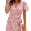 Summer V-neck Printed Short-sleeved Skirt, Lace-up Ruffled Dress, Fashionable, Sexy, Elegant and Generous Ladies Long Skirt