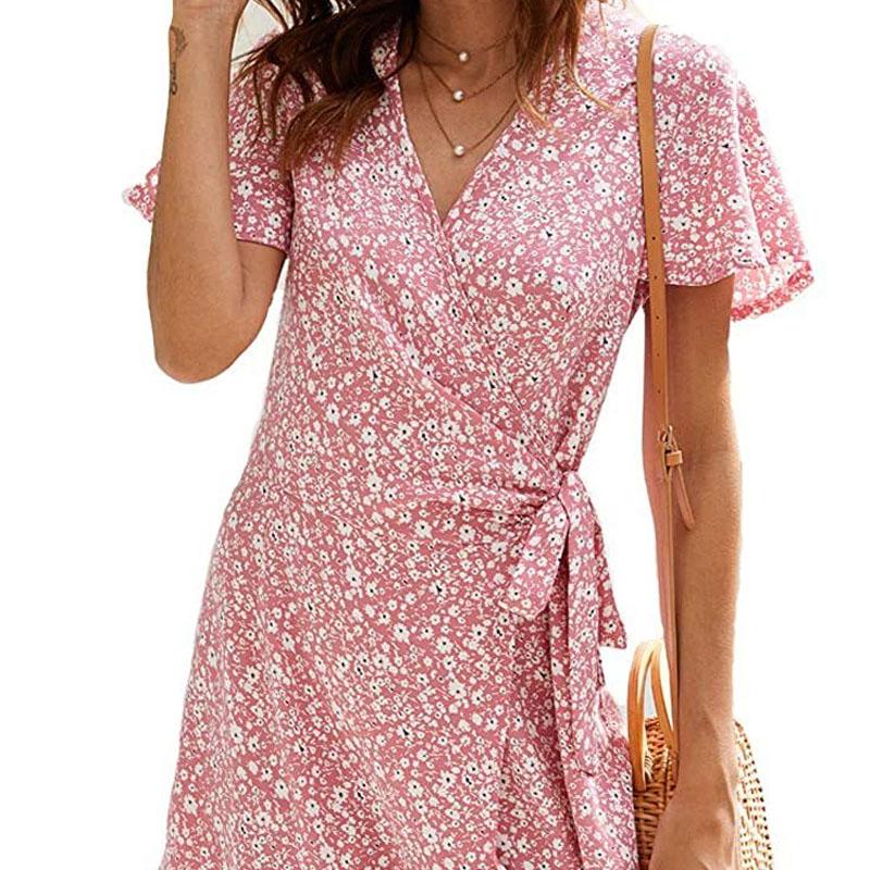 Summer V-neck Printed Short-sleeved Skirt, Lace-up Ruffled Dress, Fashionable, Sexy, Elegant and Generous Ladies Long Skirt