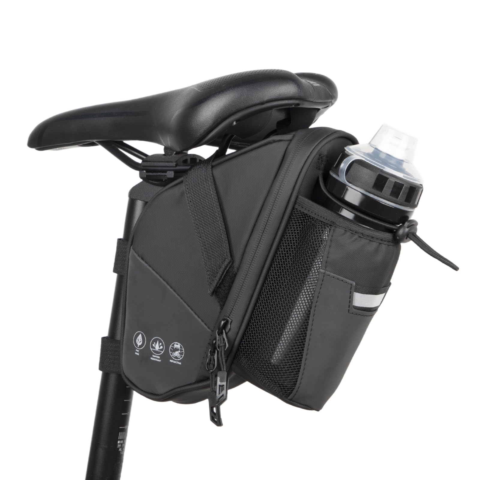 

AKEIE Bicycle Saddle Bag with Velcro Large Water Water Drink Reflective and Taillight Easy Installation Strap, 1.5L Capacity, Resistant, Repellent, чёрный