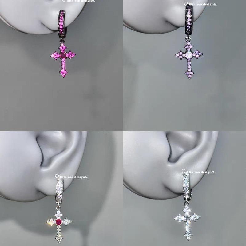 Gothic Vintage Colorful Rhinestone Cross Hoop Earrings Unique Exquisite