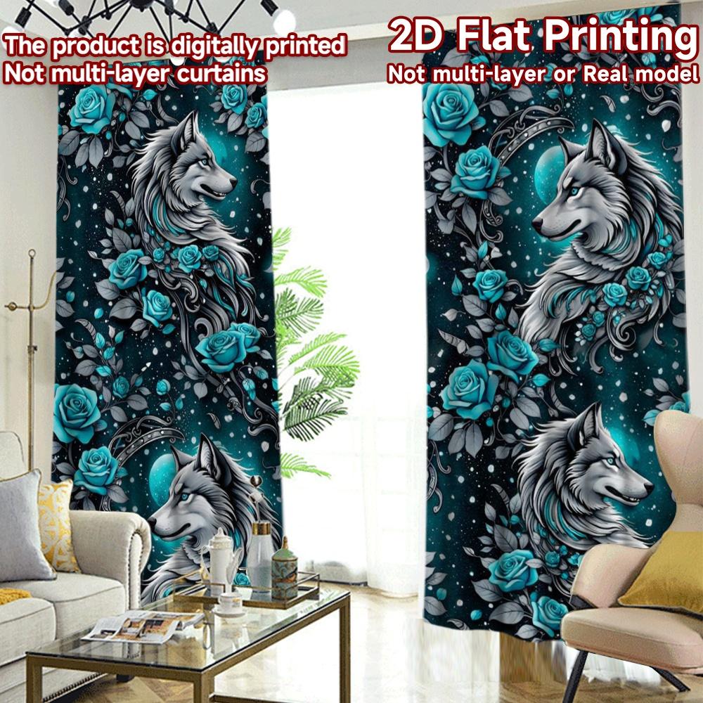 2D FLAT PRINTING 2pcs Curtains (Without Rod) Wolves with Blue Roses Popular Minimalist Curtains Machine Washable Fabric Curtains