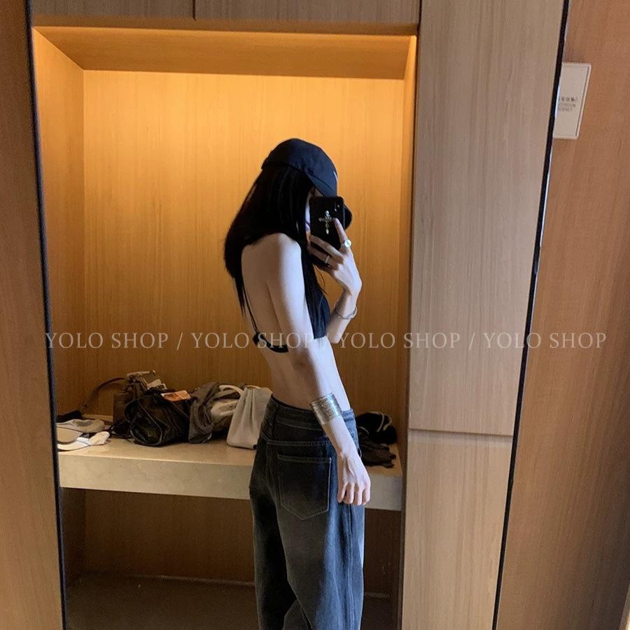 #Summer new pure desire wind neck splicing triangle cup backless chest wrap female slim one-piece with chest pad