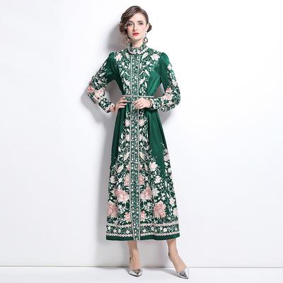 Vestidos Maxi Longos de Festa com Gola Alta Estampados Vintage Palacianos de Botão Único para Primavera Outono