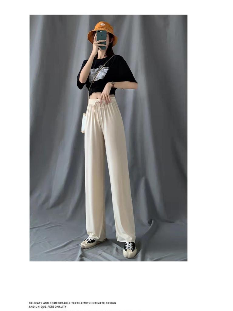 Women's Summer Ice Silk High-Waisted Wide-Leg Pants - Lightweight, Thin, Drapey, Floor-Length Casual Trousers