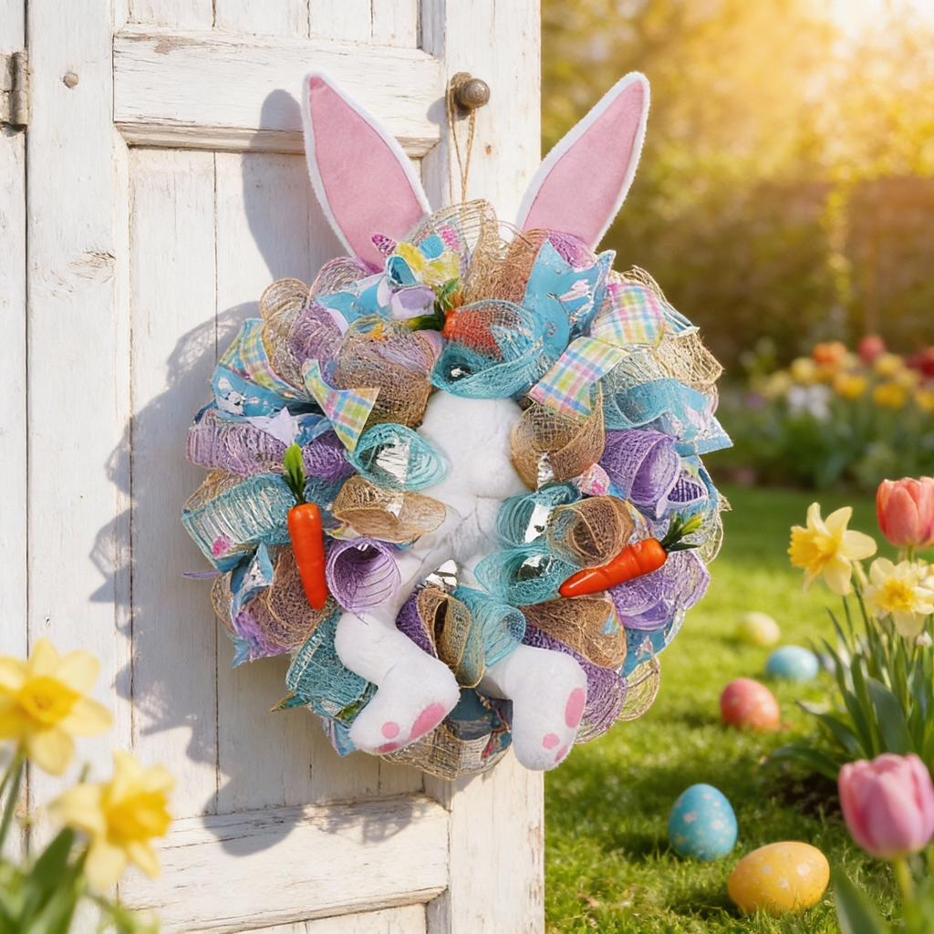Easter Themed Bunny Door Wreath with Handmade Ribbon and Decorative Rabbit Bottom Design Colorful Hanging Decor