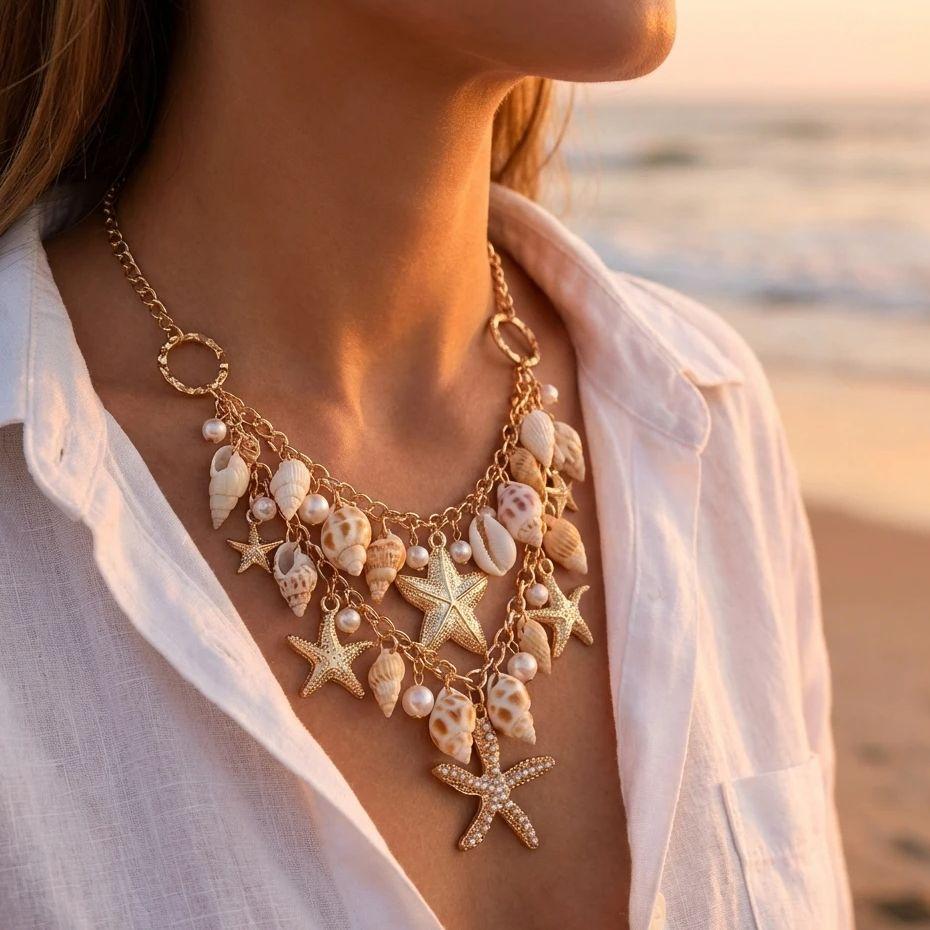Exaggerated Starfish Pendant Necklace for Women Shell Conch Imitation Pearl Chain Bracelets Summer Beach Vacation Jewelry Gift