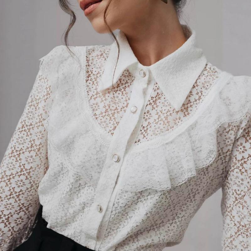 

White Elegant Lace Women Shirt See Through Ruffled Fashion Spring Summer Loose Long Sleeve Blouse Female Hollow Out Lapel Fashion Sweet Tops S