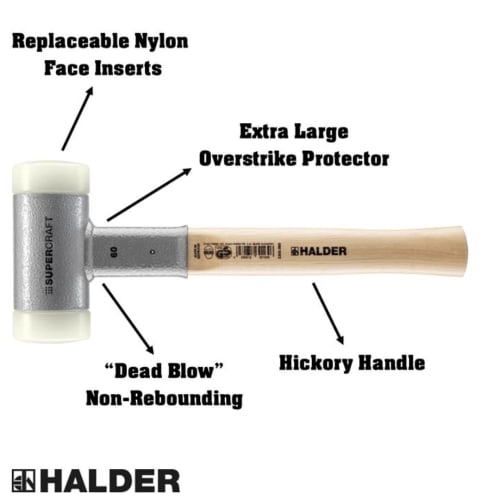 Rohmheld HALDER Shockless Recoilless Supercraft Hammer with Hickory Handle and White Nylon Shaft, 60mm Diameter, 3366.060