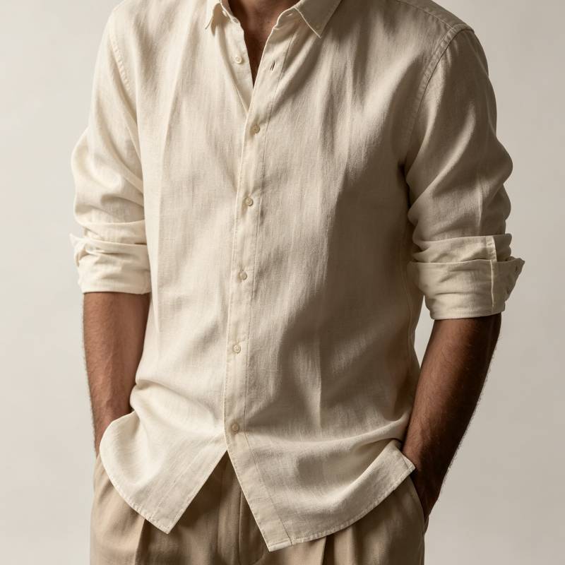 Casual Mens Linen Cotton Long Sleeve Shirt With Breathable Henley Collar For Summer Wear
