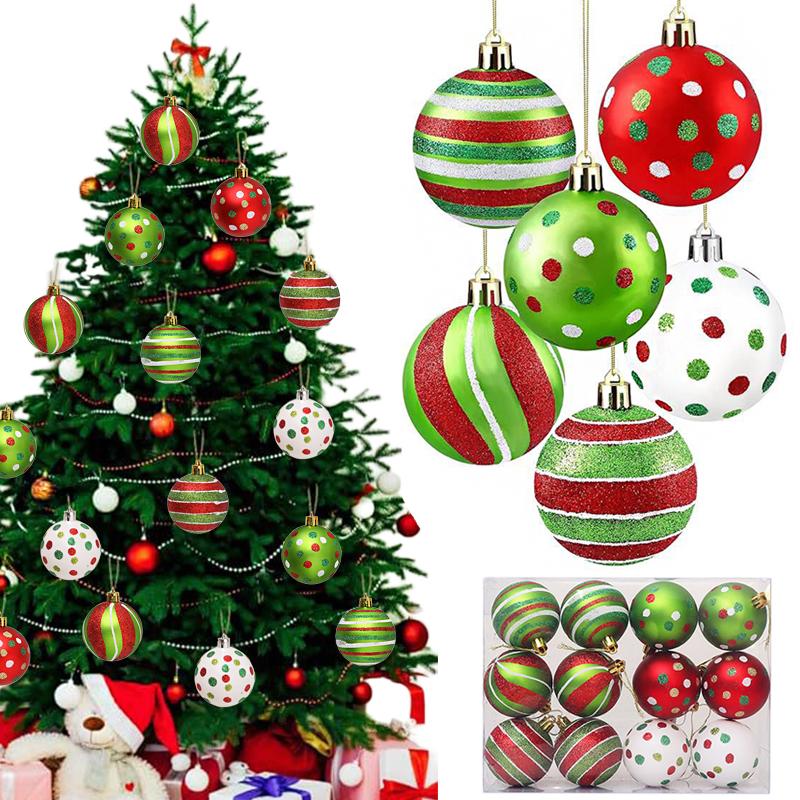 Christmas 2025 Pendant Festival Decorations Hand Drawn Home Party Decor Polka Dot Pattern Celebration Glitter Exquisite 12pcs/Box