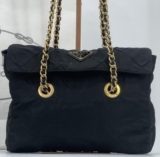 PRADA Shoulder Bag Quilted Gold Chain Tessuto Nylon Leather Black Women's Triangle Plate Logo