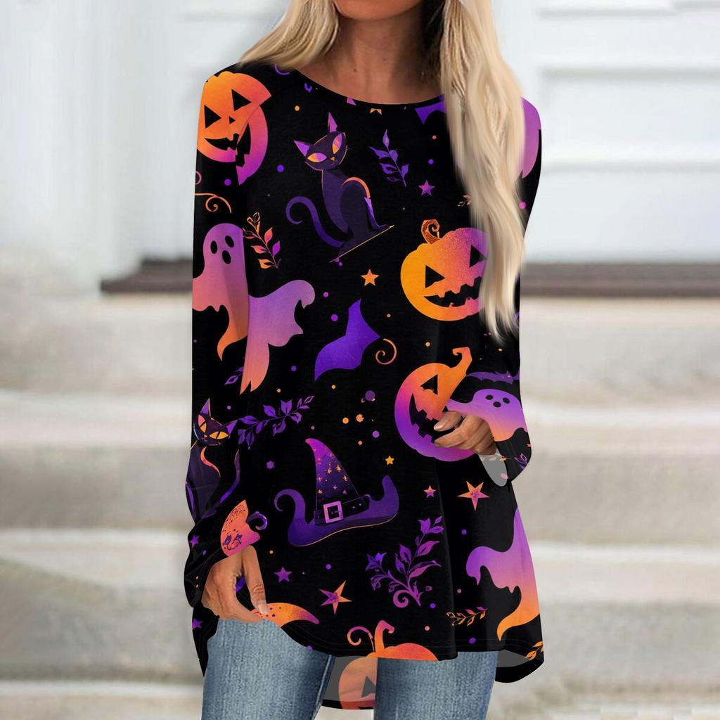 Women's Long Sleeve Round Neck Halloween Print Tunic T-Shirt for Casual Fall Fashion