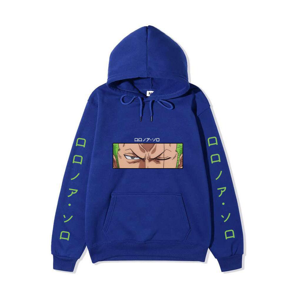 One Piece Roronoa Zoro Hoodie, Double Side Sleeve Japanese Text Printed Pullover Hooded Sweatshirt Anime Long Sleeve Streetwear Hoodie