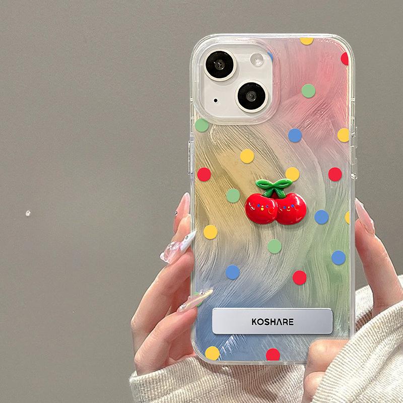 Applicable To Apple 15 Mobile Phone Case Iphone14pro Cherry Doll Invisible Bracket 13 Feather Yarn IMD Creative Anti-fall