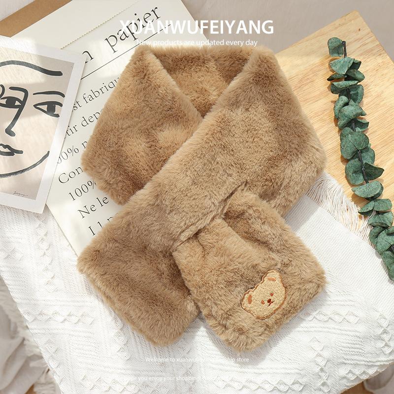 Cute Bear Baby Scarf Boys Girls Winter Warm Scarves Imitation Rabbit Fur Neck Protector Soft Plush Cross Scarf Kids Accessories