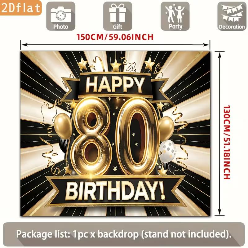 2D 80th Birthday Decoration Backdrop Black Gold Happy 80 Birthday Banner Photo Booth Background for Party Supplies